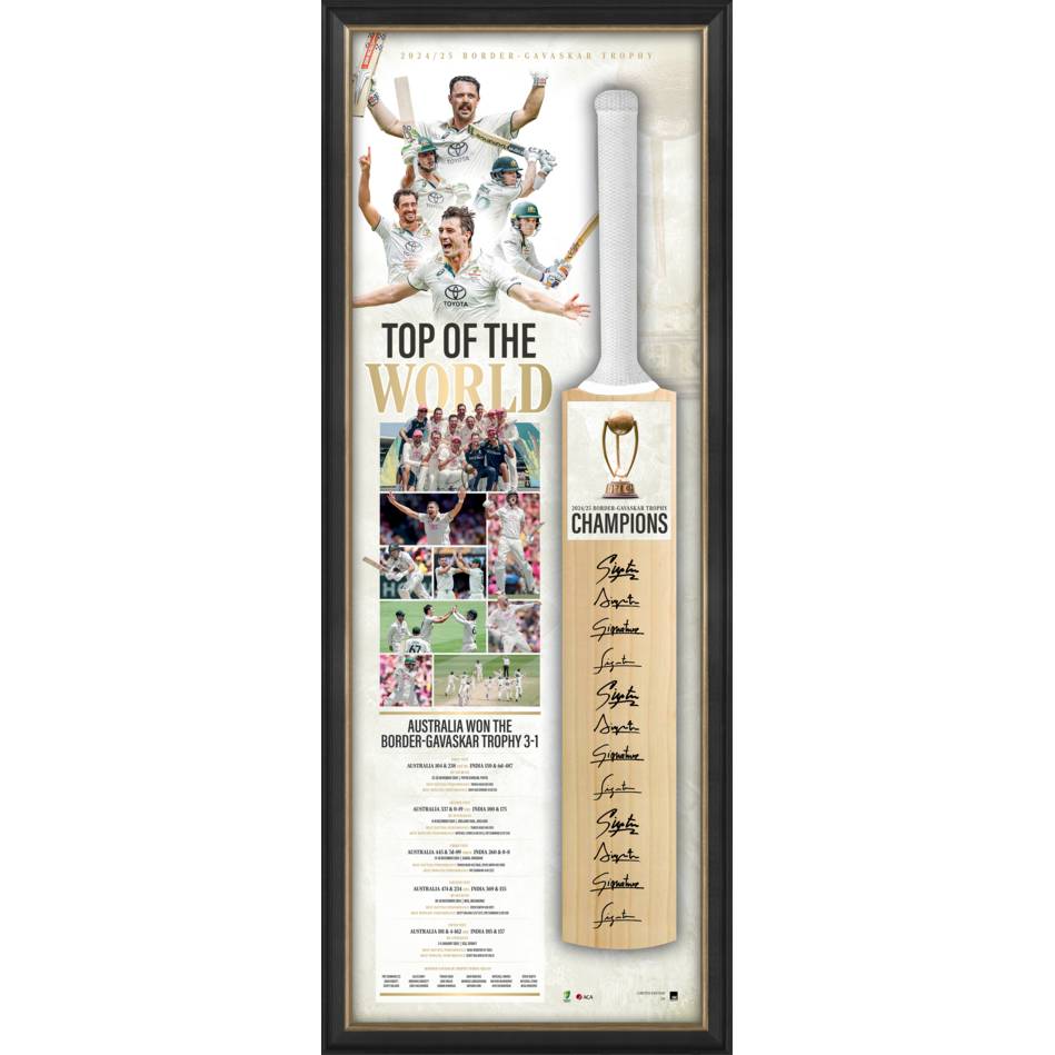 Australia 2024/25 Border-Gavaskar Top of the World Squad Signed Bat Framed - 7117