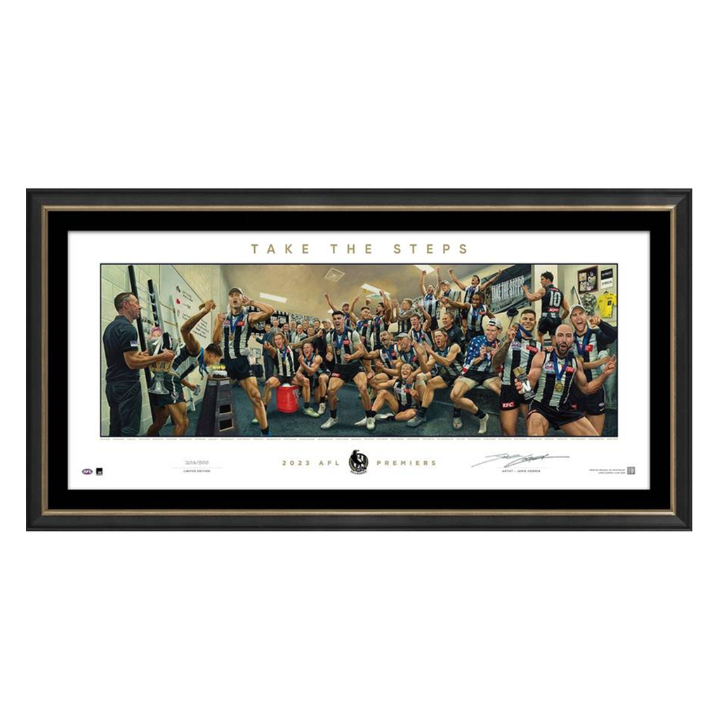 Collingwood 2023 AFL Premiers Jamie Cooper "Take The Steps" Lithograph Print Framed - 6086