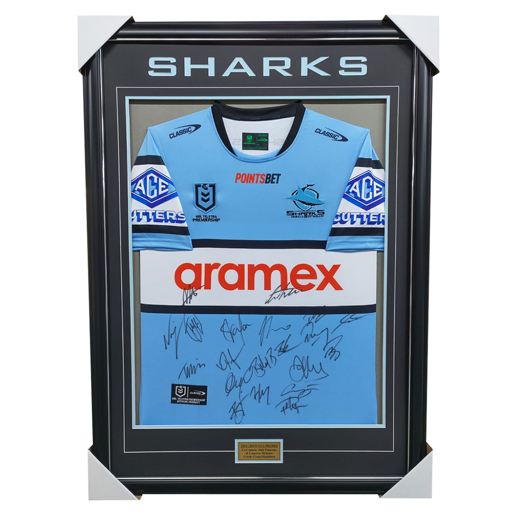 Cronulla Sharks 2024 Team Signed Jersey Framed 5906 HT Framing Memorabilia