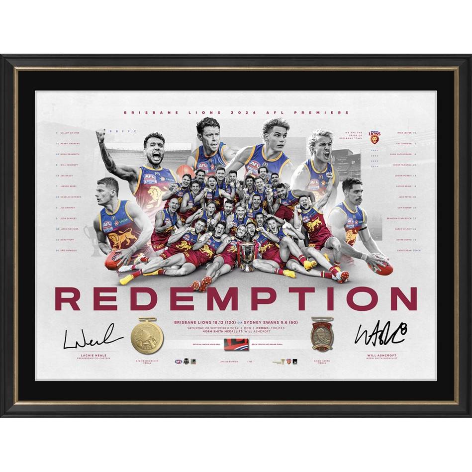 Brisbane Lions 2024 Signed Premiers Official AFL Dual Signed Lachie Neale & Will Ashcroft Lithograph Framed - 6025