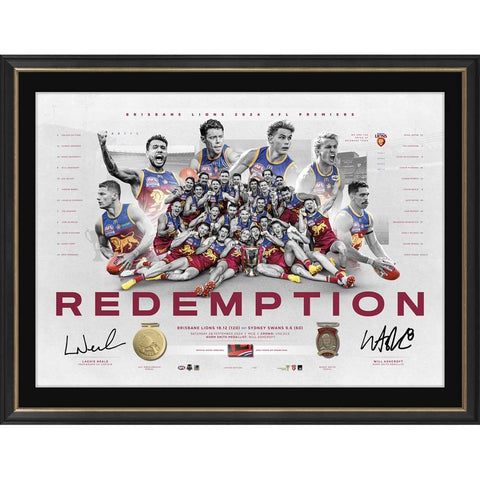 Brisbane Lions 2024 Signed Premiers Official AFL Dual Signed Lachie Neale & Will Ashcroft Lithograph Framed - 6025