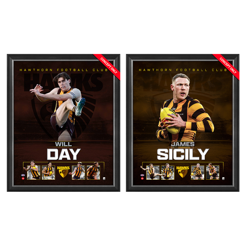 Hawthorn Hawks Package Official Licensed AFL Prints Framed Will Day & James Sicily - 5956