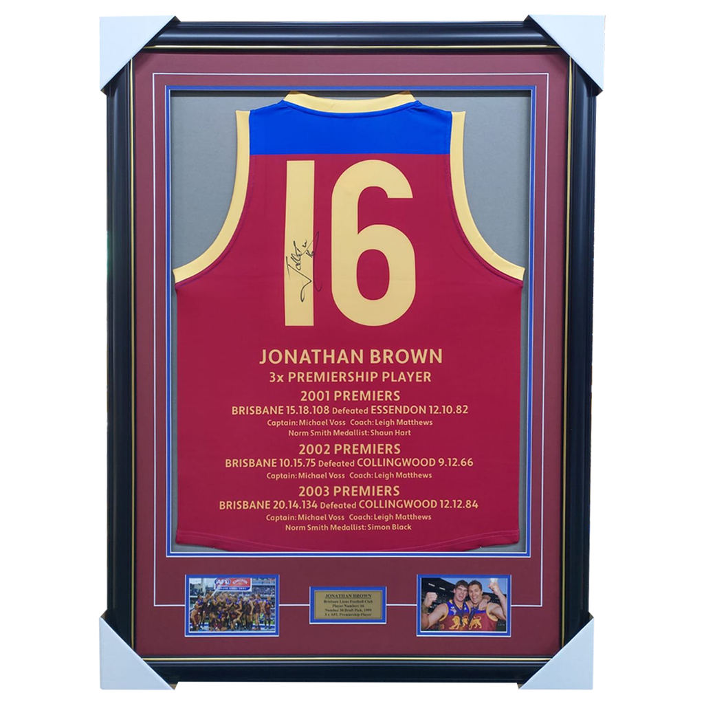 Jonathan Brown Brisbane Lions 2001, 2002, 2003 Premiers Signed Jersey Framed - 6060