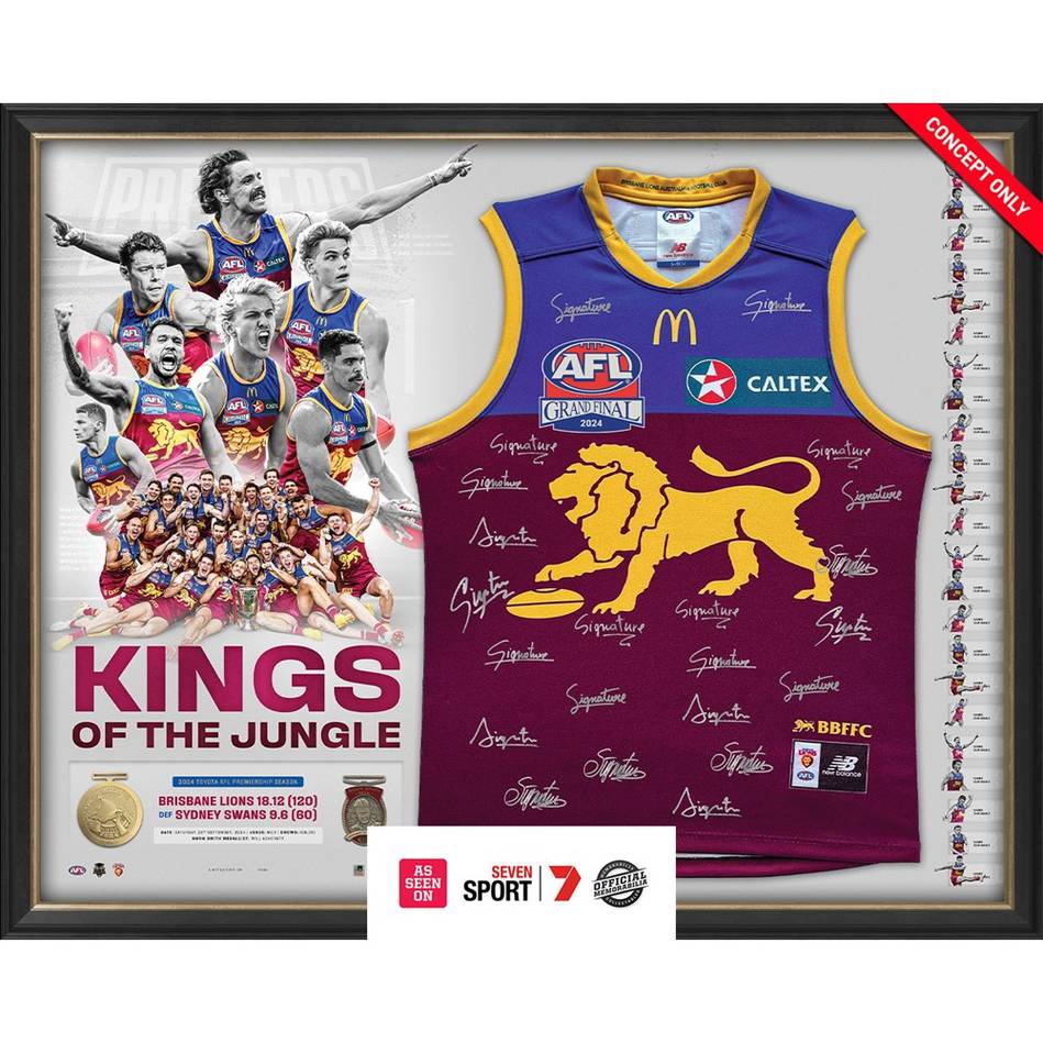 BRISBANE LIONS 2024 AFL PREMIERS OFFICIAL TEAM SIGNED GUERNSEY FRAMED - 6019