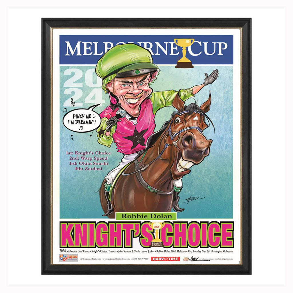 Knight's Choice 2024 Melbourne Cup Champion Horse Racing Harv Time Caricature L/E Print Framed - 6090