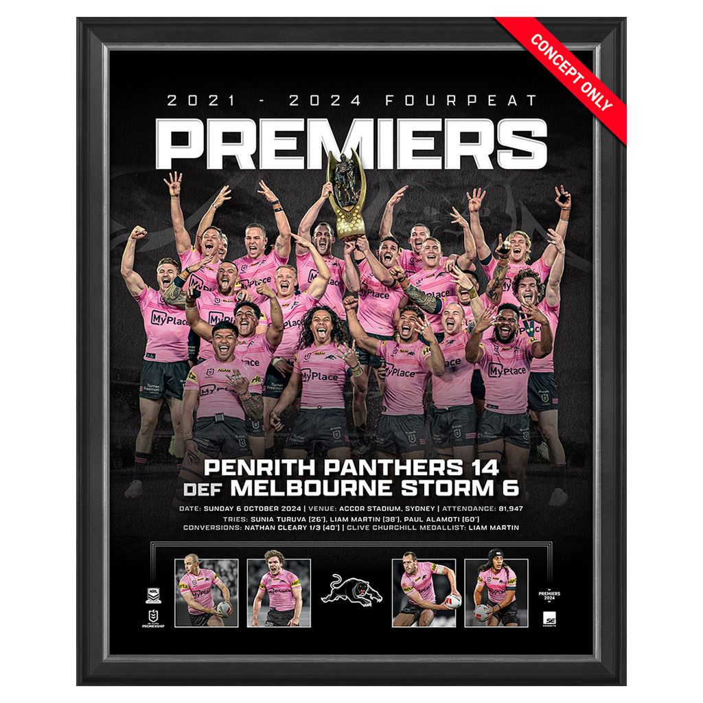 Penrith Panthers 2024 NRL Premiers 4-PEAT Official Sportsprint Framed - 6069