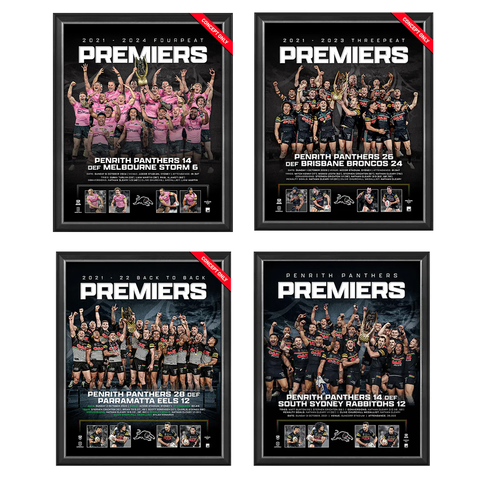 Penrith Panthers 2024, 2023, 2022, 2021 NRL Premiers Official Sportsprint Package Framed - 6070