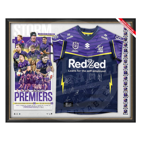 Pre-order Melbourne Storm 2024 Premiers Team Signed Jersey Framed - 6035